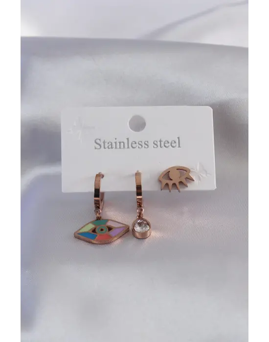 316L Çelik Rose Renk Göz Figür Zirkon Taş Detay Kadın Küpe Kombini