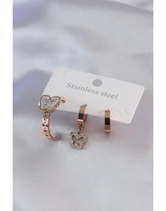 316L Çelik Rose Renk Kelebek Model Zirkon Taşlı Kadın Küpe Kombini