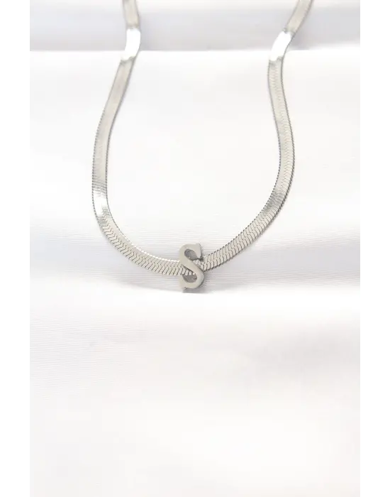  S Harfli Silver  İtalyan Zincirli Çelik Kolye