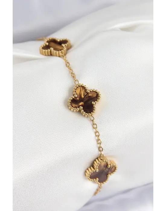 316L Çelik Sedefli Kahverengi Gold Renk Yonca Kadın Bileklik