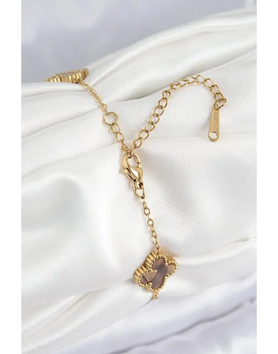 316L Çelik Sedefli Kahverengi Gold Renk Yonca Kadın Bileklik