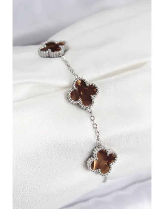 316L Çelik Sedefli Kahverengi Gümüş Renk Yonca Kadın Bileklik