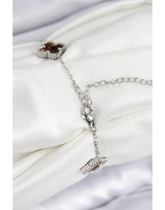 316L Çelik Sedefli Kahverengi Gümüş Renk Yonca Kadın Bileklik