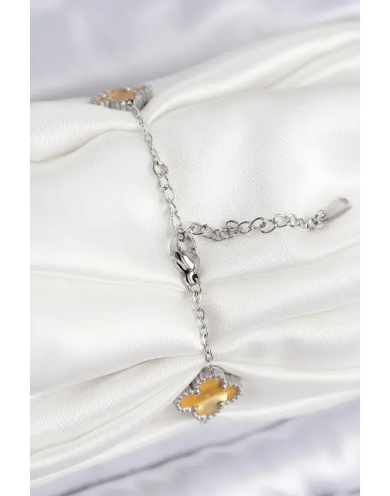 316L Çelik Sedefli Kehribar Sarı Gümüş Renk Yonca Kadın Bileklik