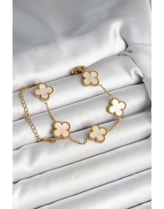 316L Çelik Sedefli Kırık Beyaz Gold Renk Yonca Kadın Bileklik