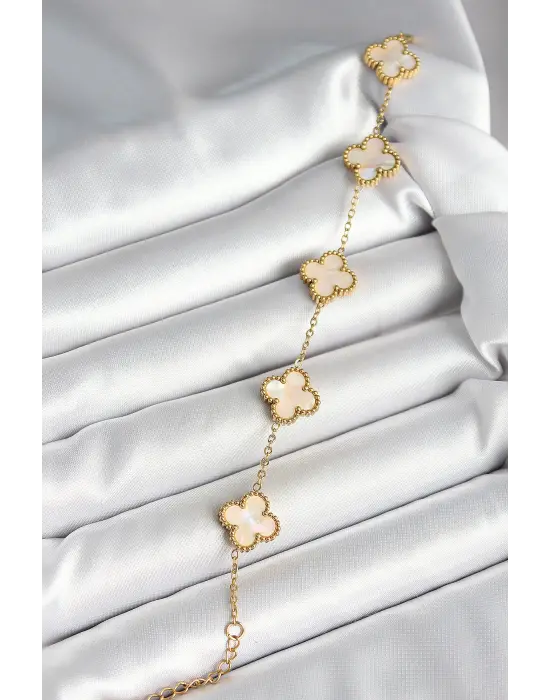 316L Çelik Sedefli Kırık Beyaz Gold Renk Yonca Kadın Bileklik