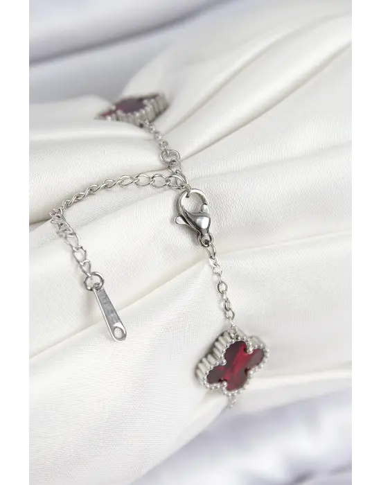 316L Çelik Sedefli Kırmızı Gümüş Renk Yonca Kadın Bileklik