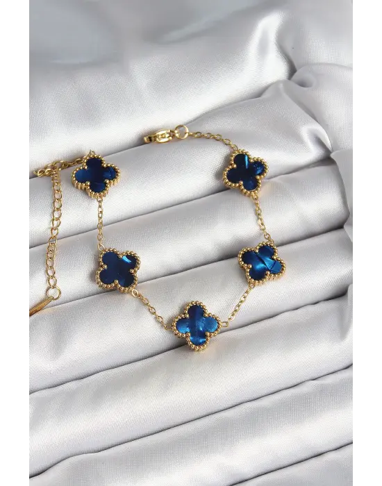 316L Çelik Sedefli Lacivert Gold Renk Yonca Kadın Bileklik