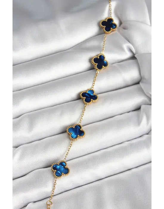 316L Çelik Sedefli Lacivert Gold Renk Yonca Kadın Bileklik