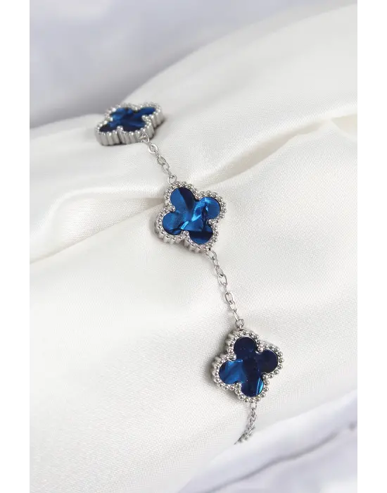 316L Çelik Sedefli Lacivert Gümüş Renk Yonca Kadın Bileklik