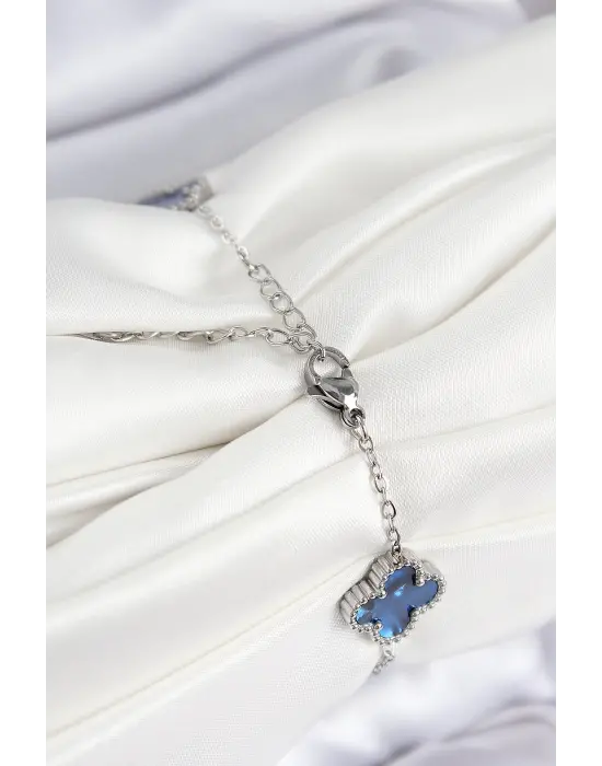 316L Çelik Sedefli Lacivert Gümüş Renk Yonca Kadın Bileklik