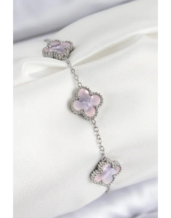 316L Çelik Sedefli Lila Gümüş Renk Yonca Kadın Bileklik