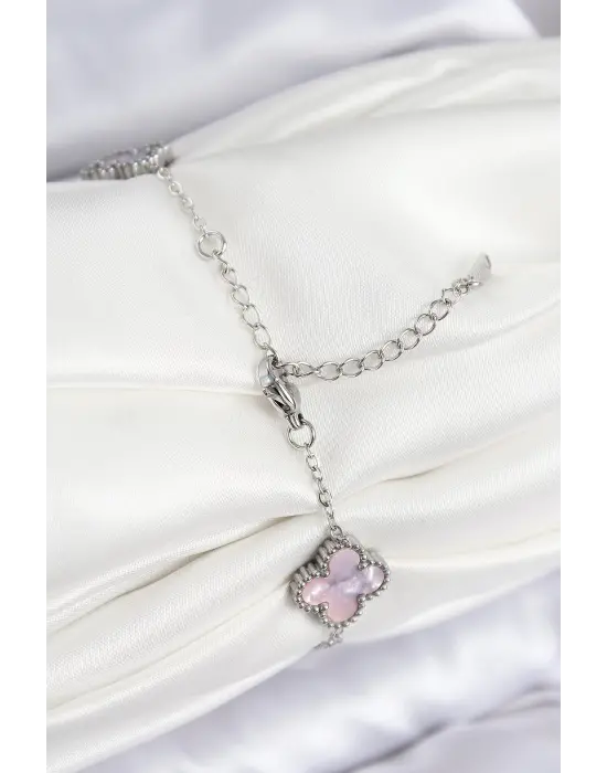 316L Çelik Sedefli Lila Gümüş Renk Yonca Kadın Bileklik