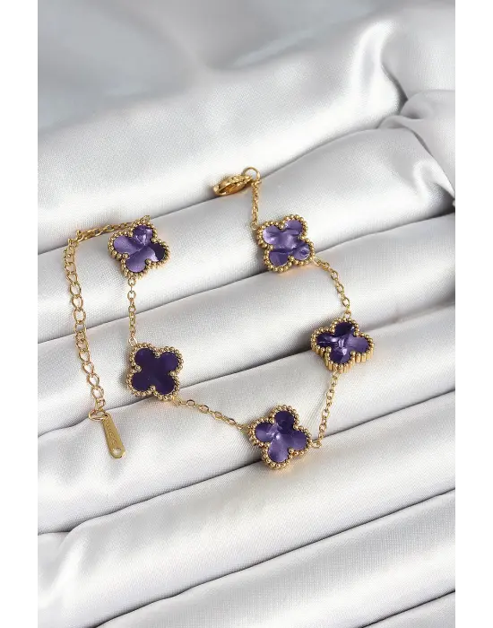 316L Çelik Sedefli Mor Gold Renk Yonca Kadın Bileklik