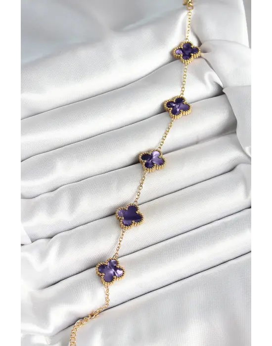 316L Çelik Sedefli Mor Gold Renk Yonca Kadın Bileklik