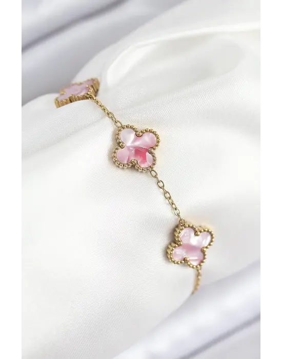 316L Çelik Sedefli Pembe Gold Renk Yonca Kadın Bileklik