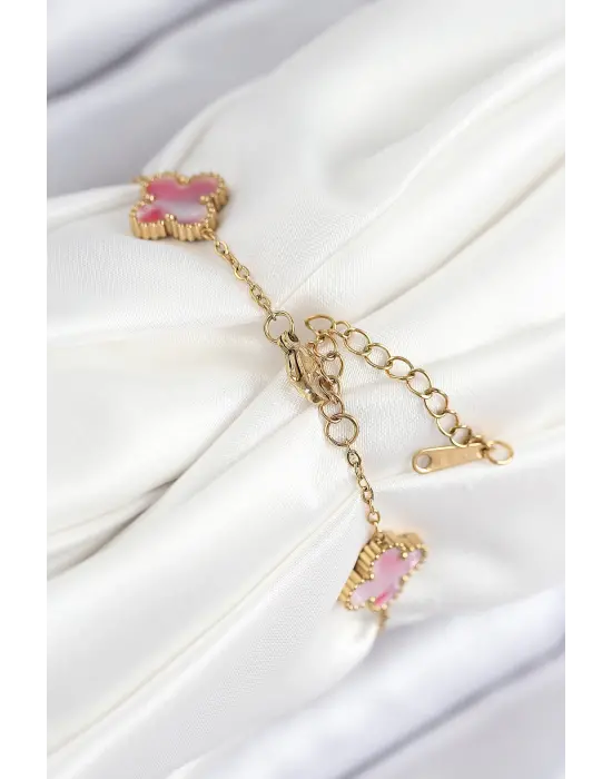 316L Çelik Sedefli Pembe Gold Renk Yonca Kadın Bileklik