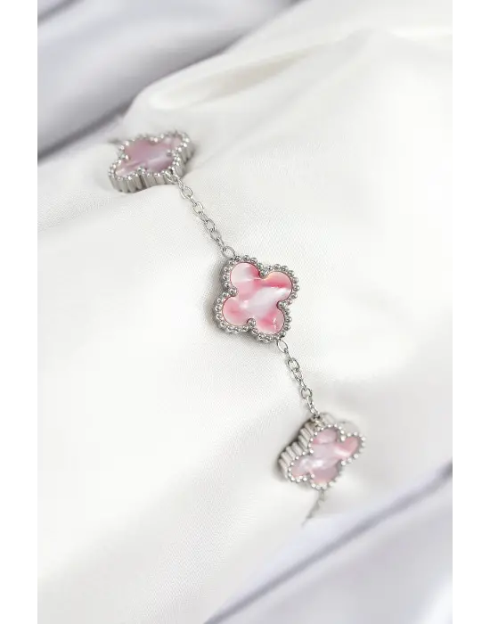 316L Çelik Sedefli Pembe Gümüş Renk Yonca Kadın Bileklik