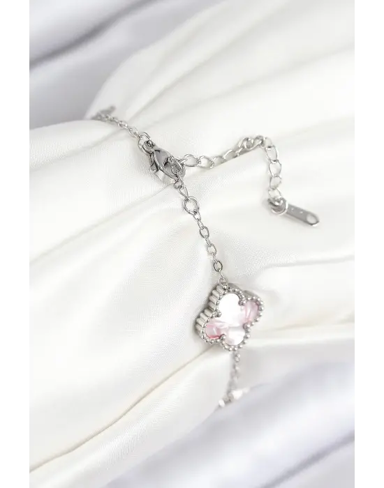 316L Çelik Sedefli Pembe Gümüş Renk Yonca Kadın Bileklik