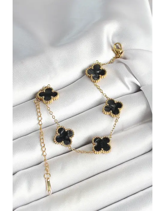 316L Çelik Sedefli Siyah Gold Renk Yonca Kadın Bileklik