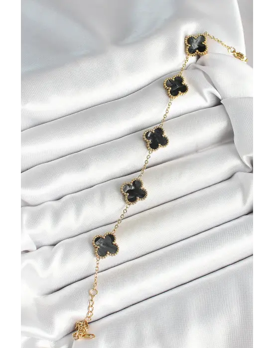 316L Çelik Sedefli Siyah Gold Renk Yonca Kadın Bileklik