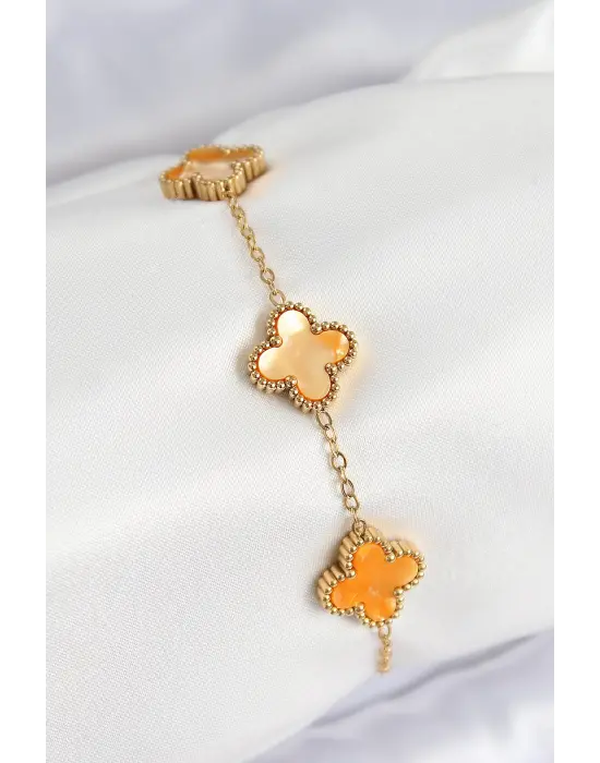 316L Çelik Sedefli Turuncu Gold Renk Yonca Kadın Bileklik