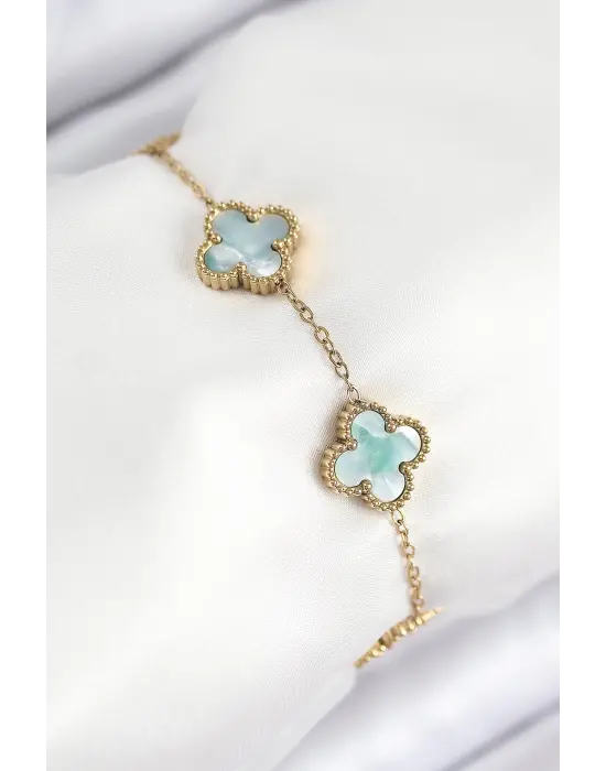 316L Çelik Sedefli Yeşil Gold Renk Yonca Kadın Bileklik