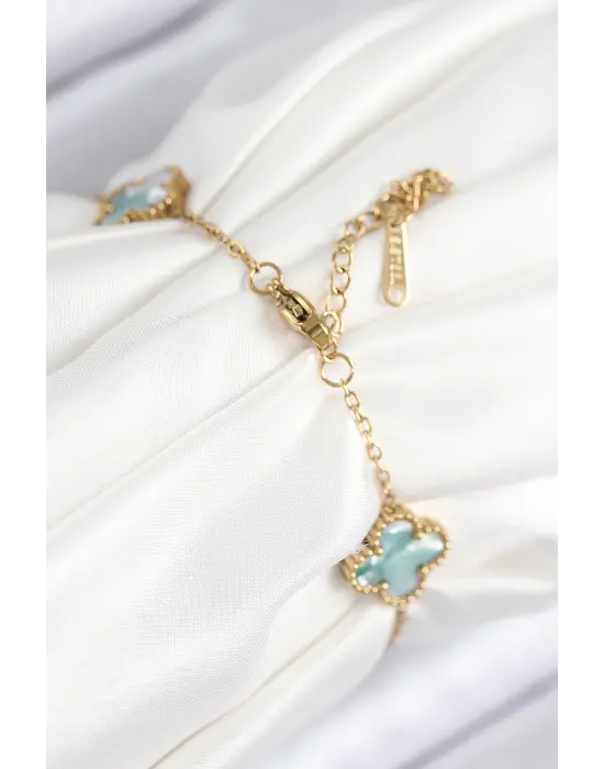 316L Çelik Sedefli Yeşil Gold Renk Yonca Kadın Bileklik