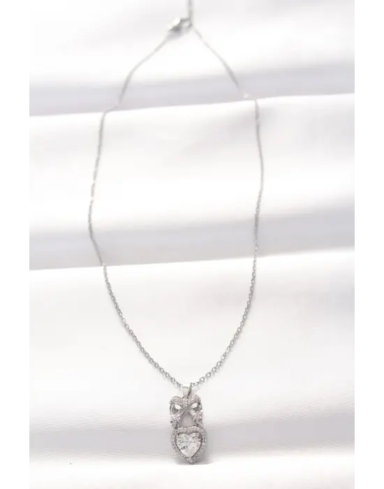  Silver  Zirkon Taşlı Kalpli Fiyonk Çelik Kolye