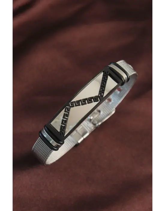 316L Çelik Siyah Etnik Desenli Ayarlanabilir Hasır Kordonlu Bileklik