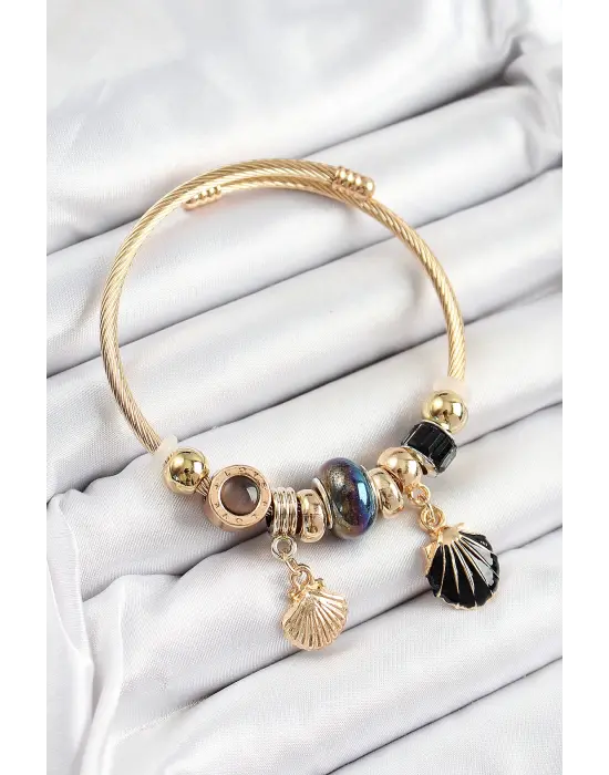 316L Çelik Siyah İstiridye Model Gold Renk Charm Bileklik