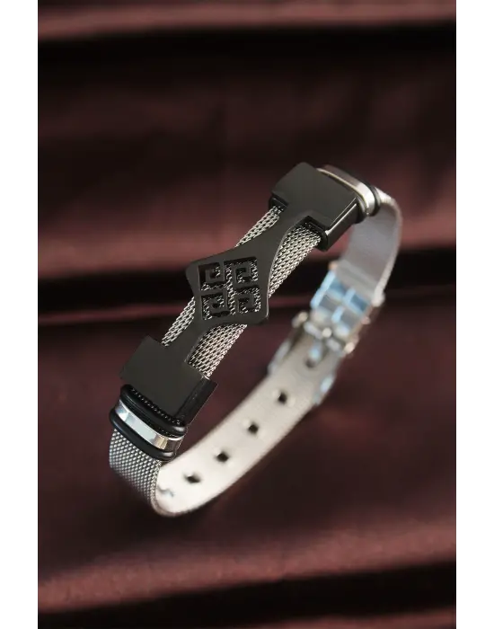 316L Çelik Siyah Motifli Ayarlanabilir Hasır Kordonlu Bileklik