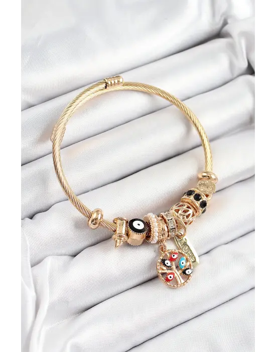 316L Çelik Siyah Nazarlı Zirkon Taşlı İnci Detaylı Hayat Ağacı Model Gold Renk Charm Bileklik