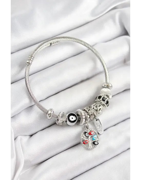 316L Çelik Siyah Nazarlı Zirkon Taşlı İnci Detaylı Hayat Ağacı Model Gümüş Renk Charm Bileklik