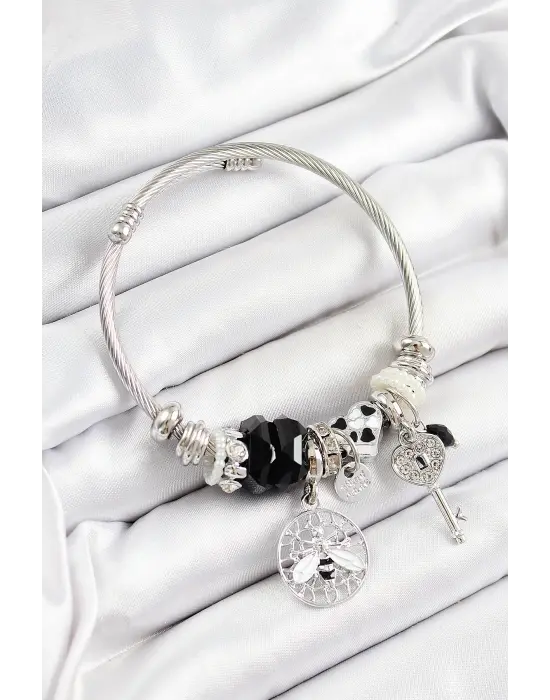 316L Çelik Siyah Zirkon Taşlı Baykuş Arı Ve Anahtar Model Gümüş Renk Charm Bileklik