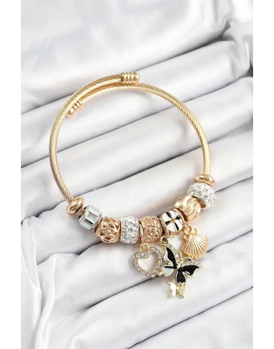 316L Çelik Siyah Zirkon Taşlı Kalp Kelebek Ve İstiridye Model Gold Renk Charm Bileklik