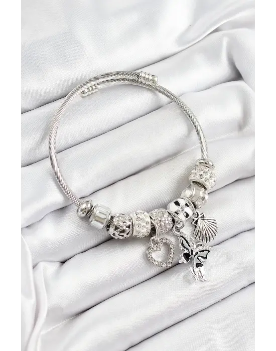 316L Çelik Siyah Zirkon Taşlı Kalp Kelebek Ve İstiridye Model Gümüş Renk Charm Bileklik