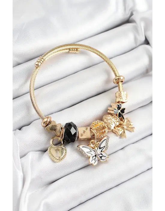 316L Çelik Siyah Zirkon Taşlı Kelebek Fiyonk Ve Kilit Model Gold Renk Charm Bileklik