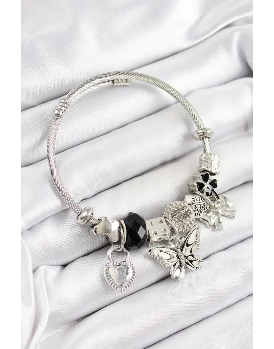 316L Çelik Siyah Zirkon Taşlı Kelebek Fiyonk Ve Kilit Model Gümüş Renk Charm Bileklik