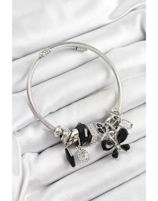 316L Çelik Siyah Zirkon Taşlı Yıldız Kelebek Model Gümüş Renk Charm Bileklik