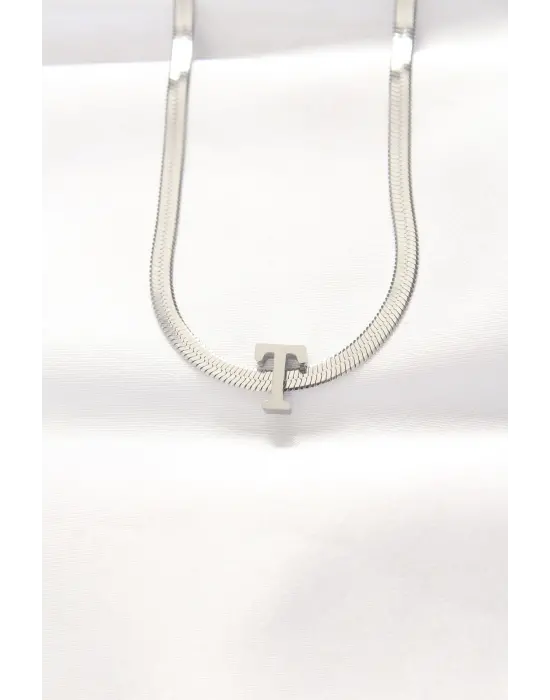  T Harfli Silver  İtalyan Zincirli Çelik Kolye
