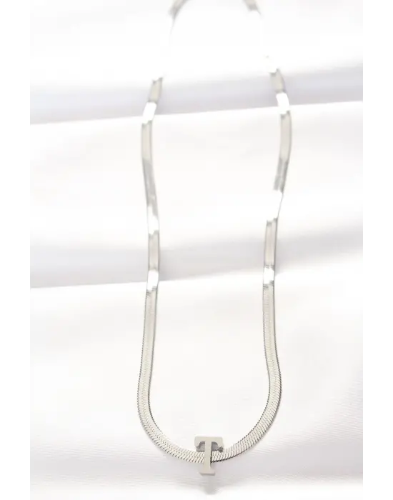  T Harfli Silver  İtalyan Zincirli Çelik Kolye