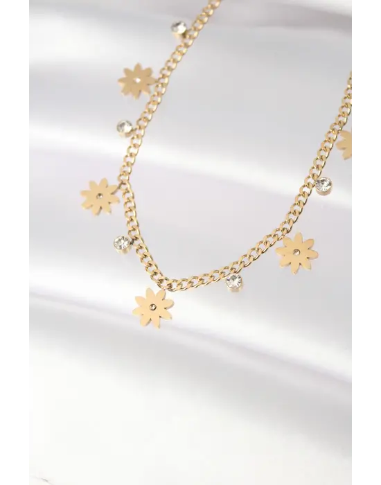  Taşlı Altın  Çoklu Çiçek Çelik Kolye