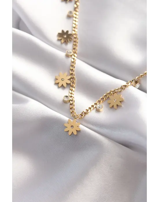  Taşlı Altın  Çoklu Çiçek Çelik Kolye