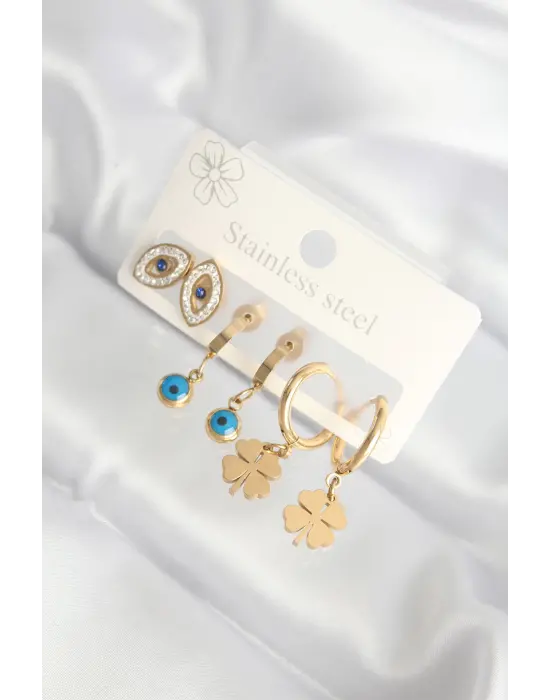   Taşlı Altın Nazar Boncuklu Yonca Küpe Seti