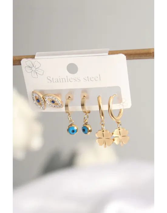   Taşlı Altın Nazar Boncuklu Yonca Küpe Seti