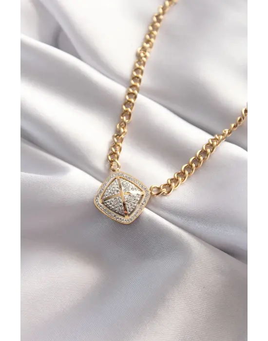  Taşlı Altın  Oxox Tasarımlı Çelik Kolye