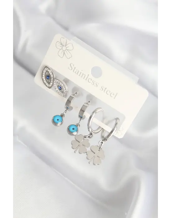   Taşlı Gümüş Nazar Boncuklu Yonca Küpe Seti