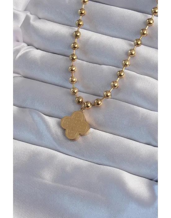  Top Zincirli Altın  İşlemeli Yonca Model Çelik Kolye