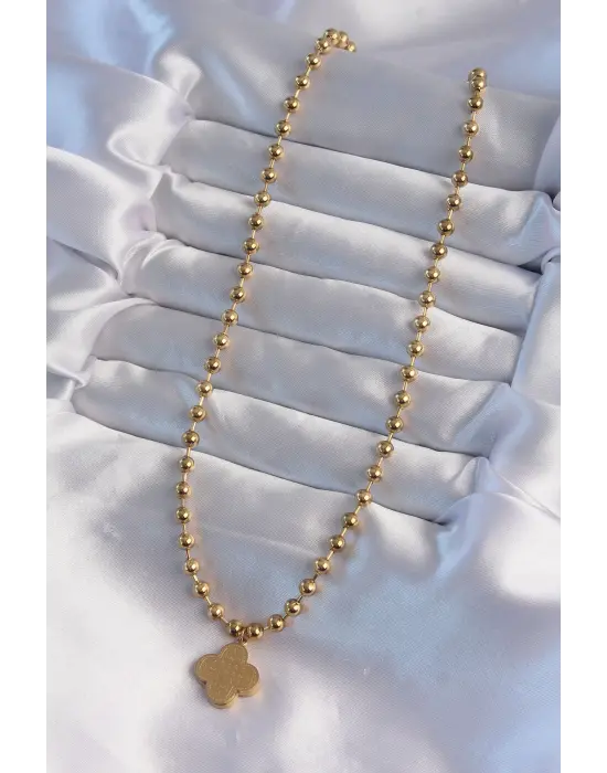  Top Zincirli Altın  İşlemeli Yonca Model Çelik Kolye
